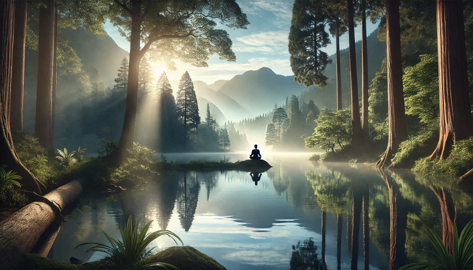 Image of a being meditating on lake in a sunlite forest - Paul Wagner