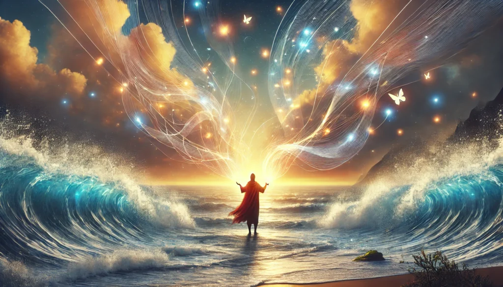 being walking on beach as water parts with universe dancing around them - Paul Wagner