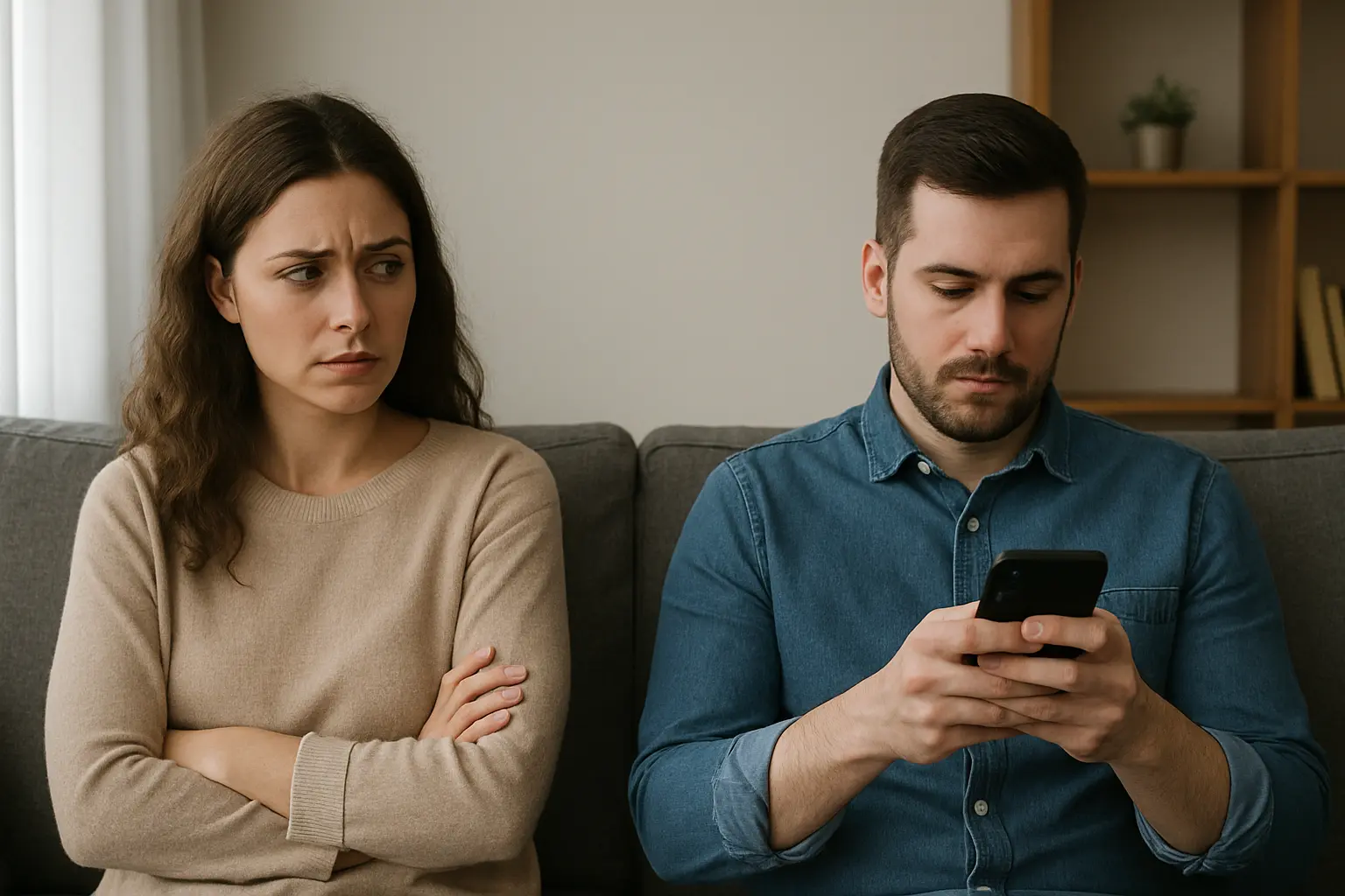 A woman looking concerned while her partner texts secretly