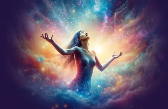 Image of woman coming out of clouds and looking into universe - Paul Wagner