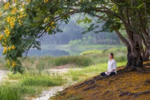  Woman meditating in forest to calm nervous system and heal naturally