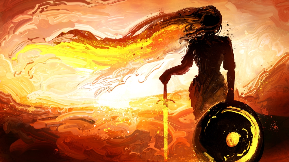 Fiery warrior holding a sword at sunrise — symbolizing disidentification from ego and karmic illusion
