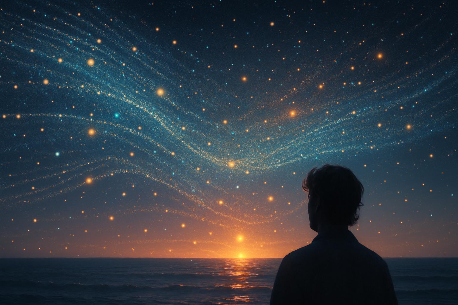A person standing by the ocean at sunset beneath a sky filled with glowing particles, symbolizing the quantum field, spiritual healing, and the energy of surrender.