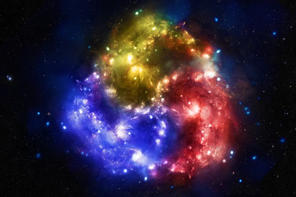 Abstract colorful galaxies merging — visualizing karma as cosmic memory and energetic patterning 
