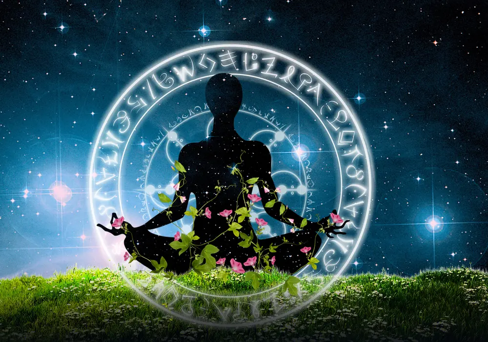 Silhouette of a meditating figure in lotus pose surrounded by cosmic symbols and glowing glyphs, seated on grass under a starry sky with flowers growing from the body — symbolizing mindful living, inner awareness, and karmic dissolution.