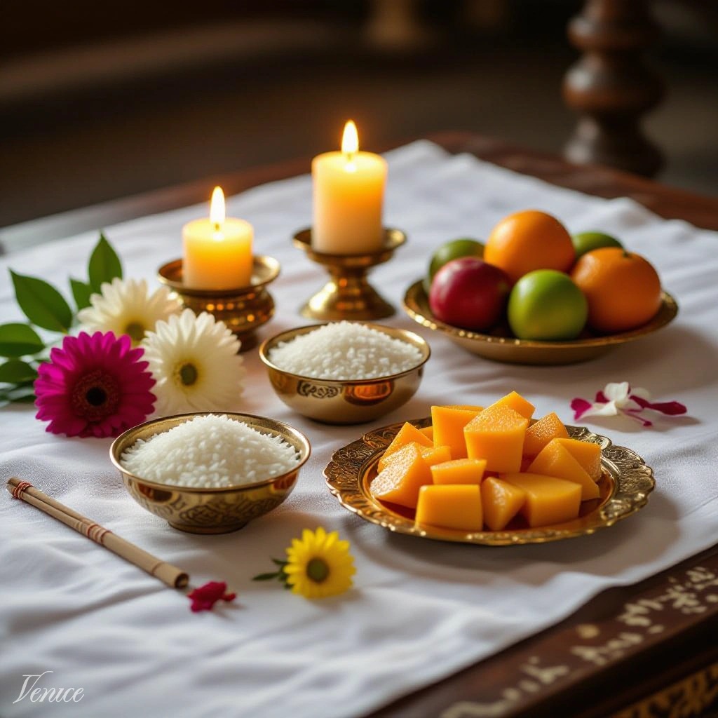 Simple traditional puja altar with flowers, rice, candles, and offerings for ceremony