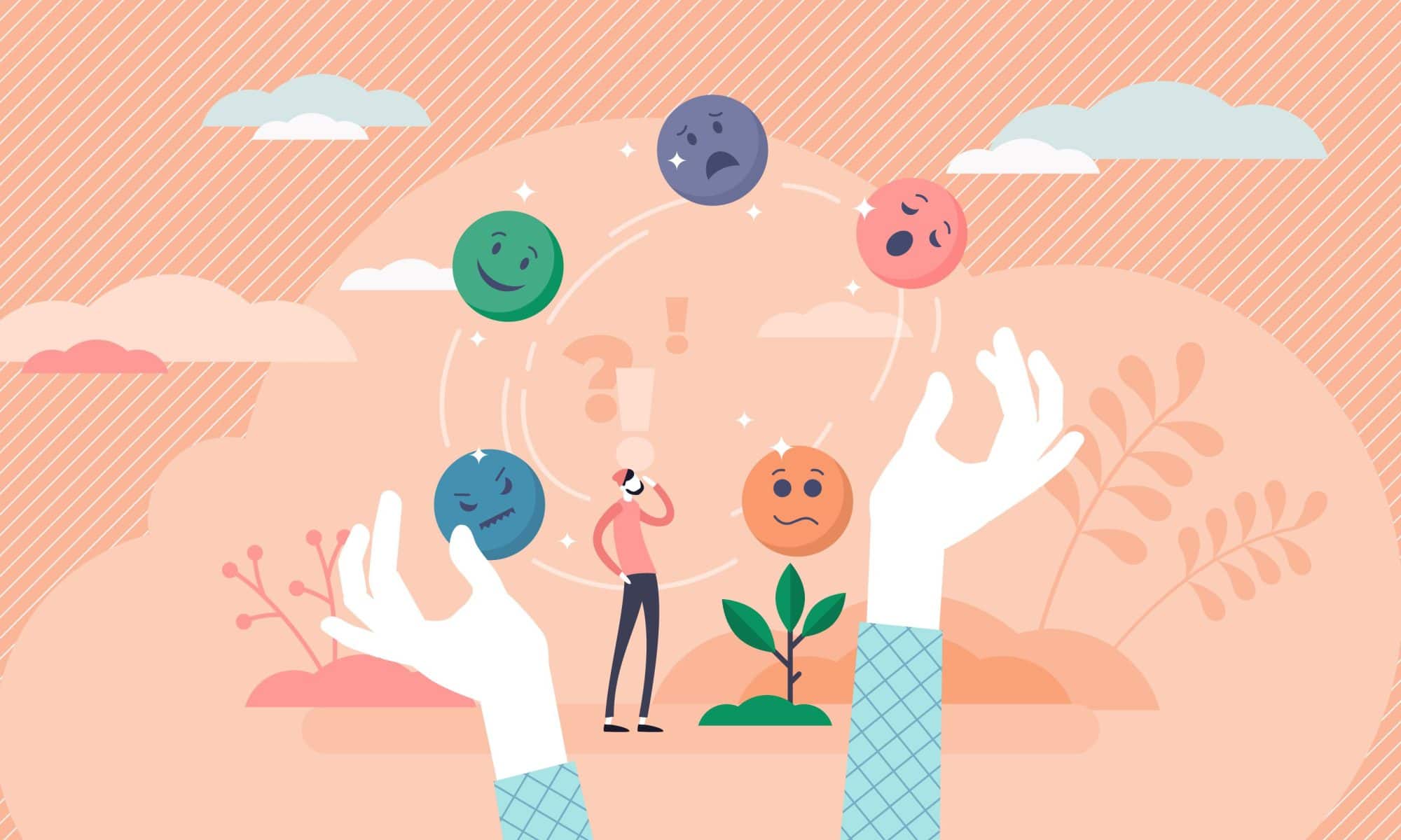Illustrated image of hands juggling faces - Paul Wagner