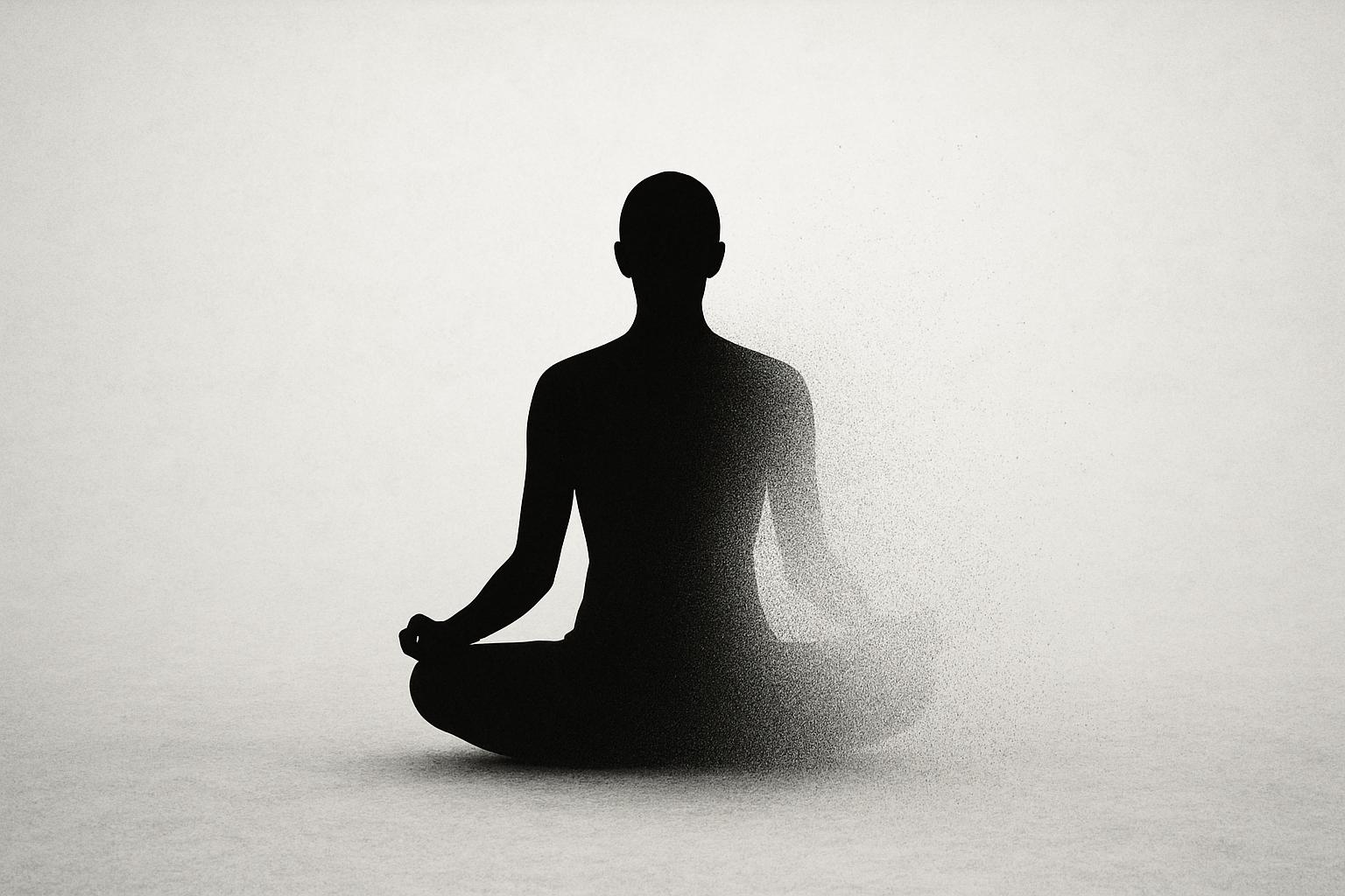 Silhouette of a person meditating as their body dissolves into particles, symbolizing ego dissolution and the Void during spiritual awakening